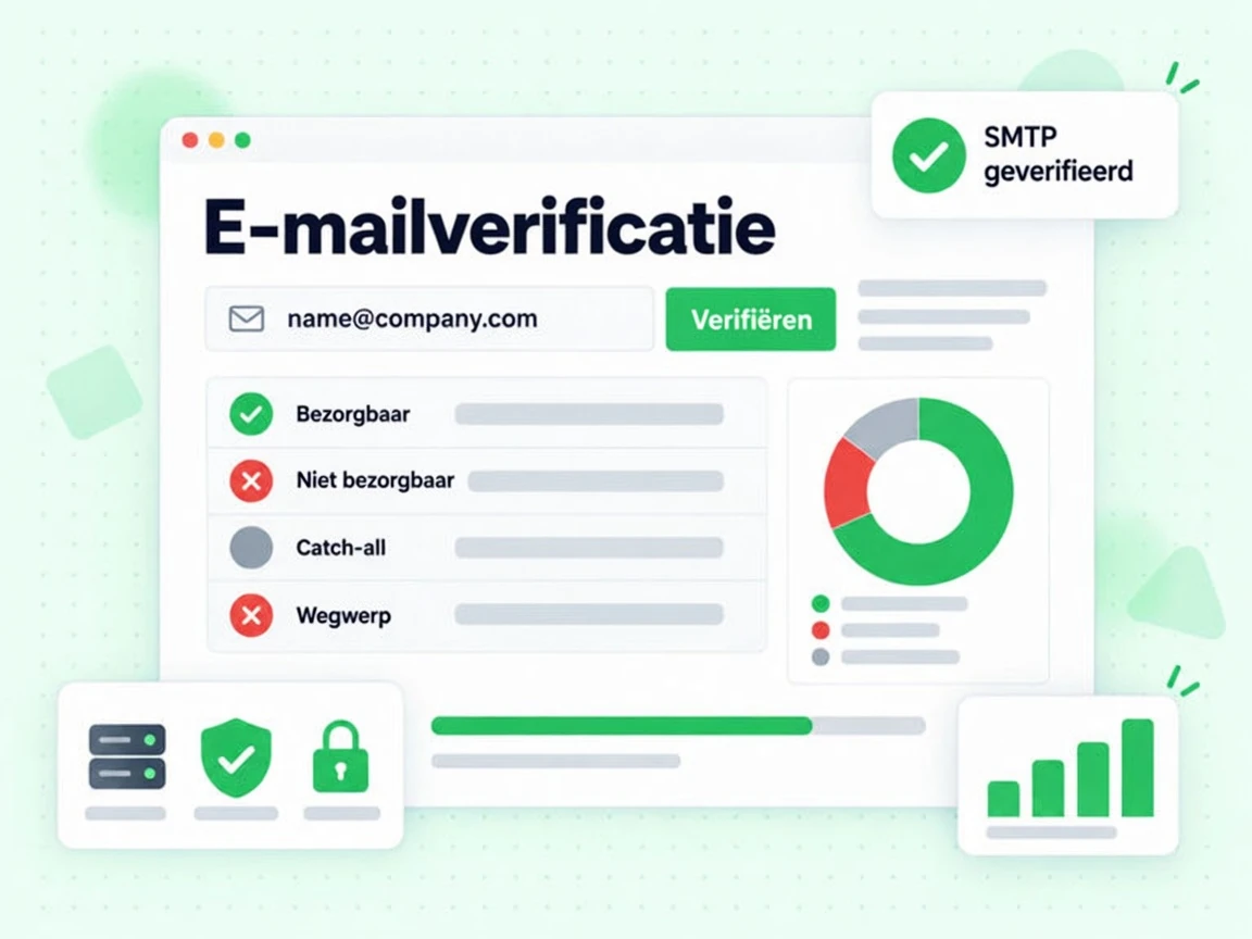 E-mailverificatie console die een adres controleert en markeringen toont voor bezorgbaar en wegwerp