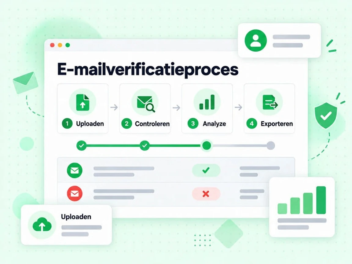 E-mailverificatieproces stroom van upload via controle en analyse naar export