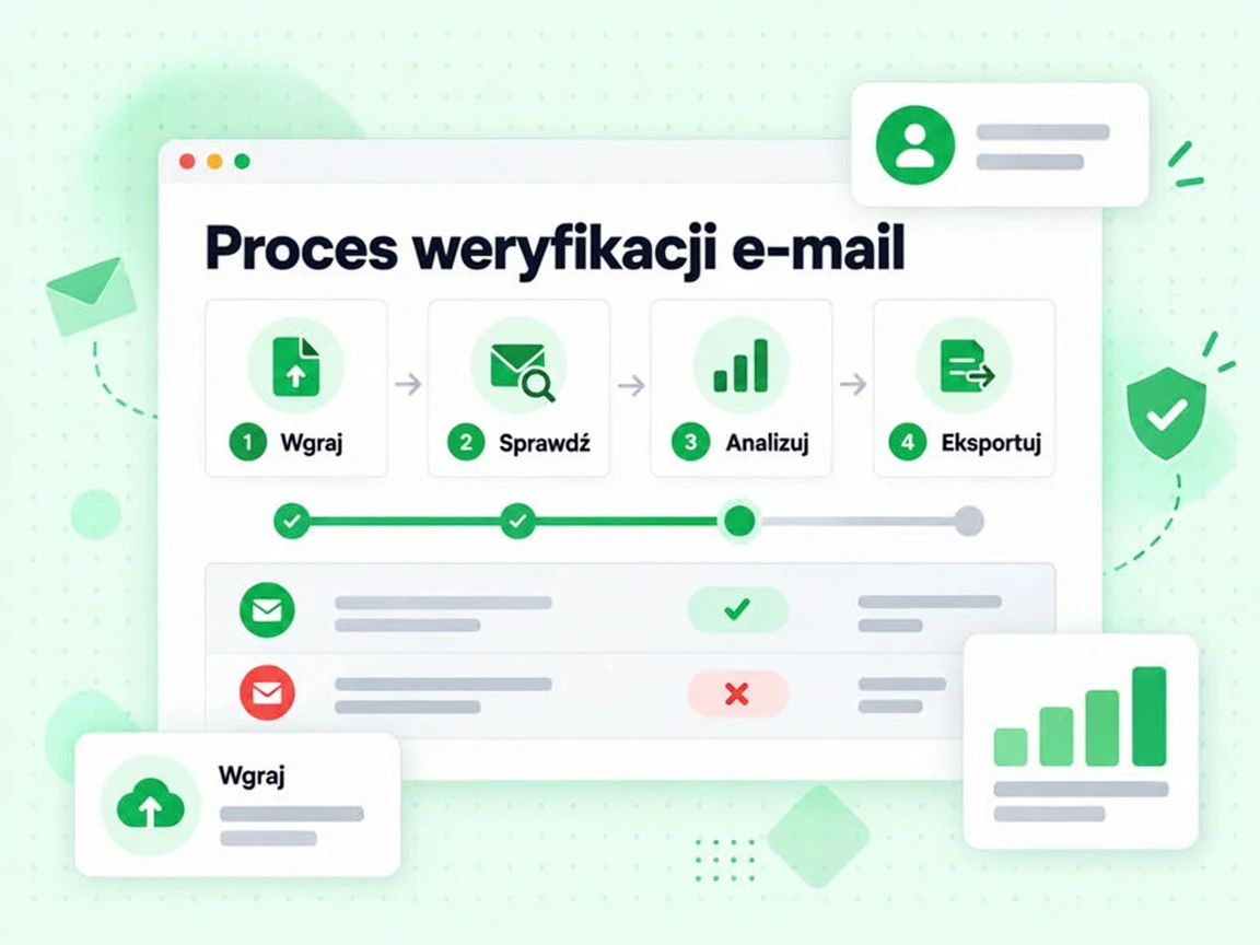 Proces weryfikacji e-mail przechodzi od wgrania przez sprawdzenie i analizę aż po eksport