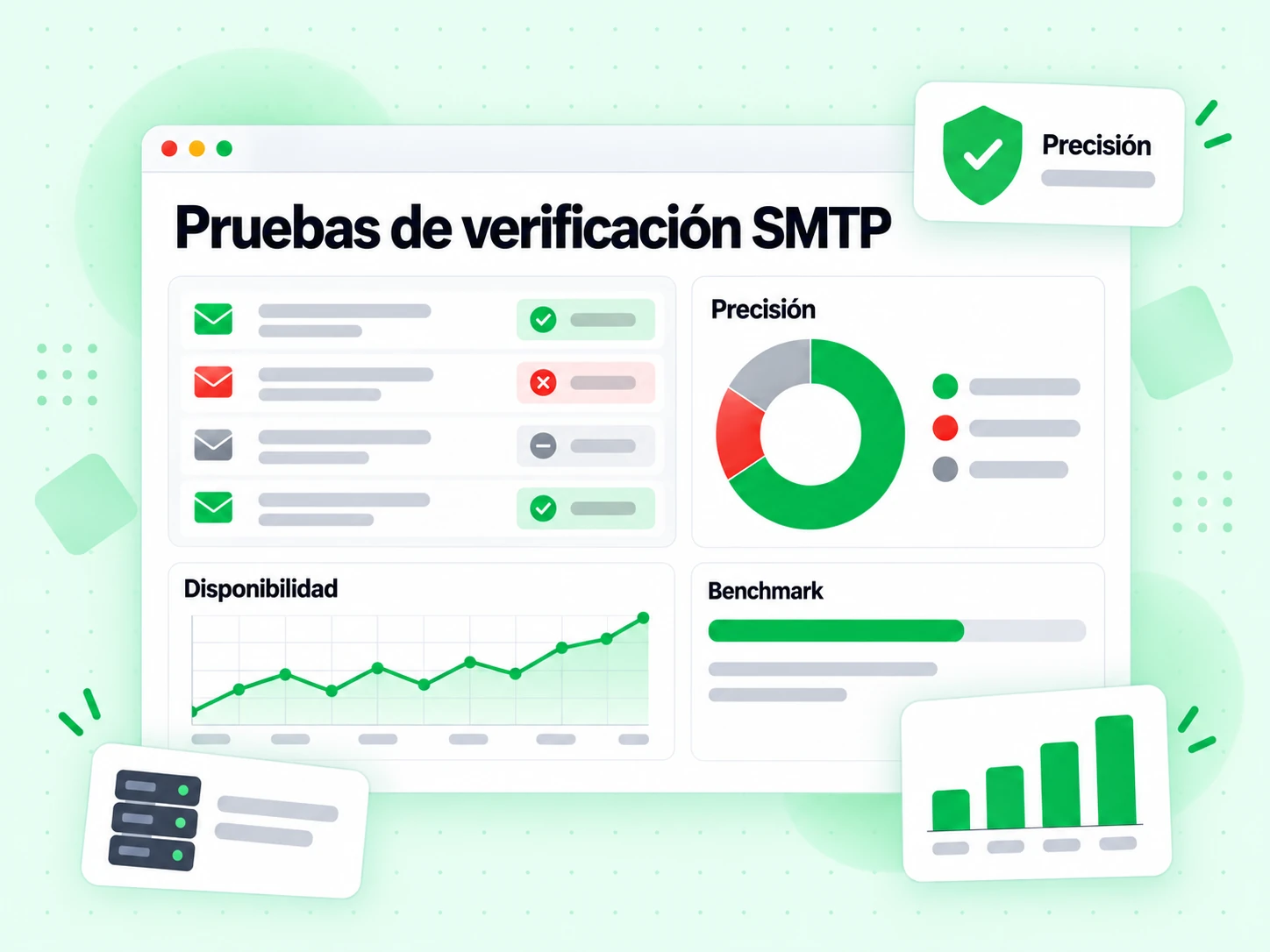 Pruebas de verificación SMTP con rosca de Precisión, tendencia de Disponibilidad y tabla de resultados