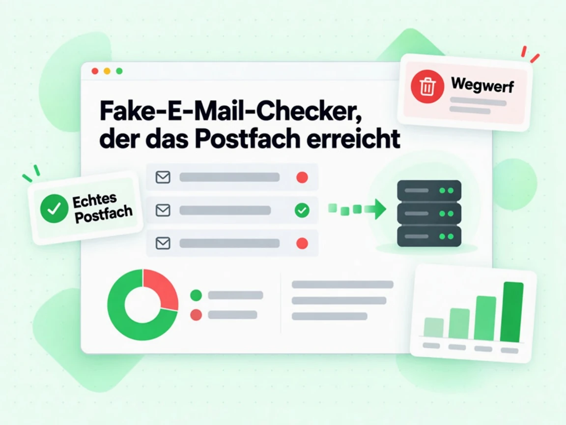 Fake-E-Mail-Checker, der das Postfach erreicht, prüft drei Adressen und markiert Wegwerf-Adressen rot