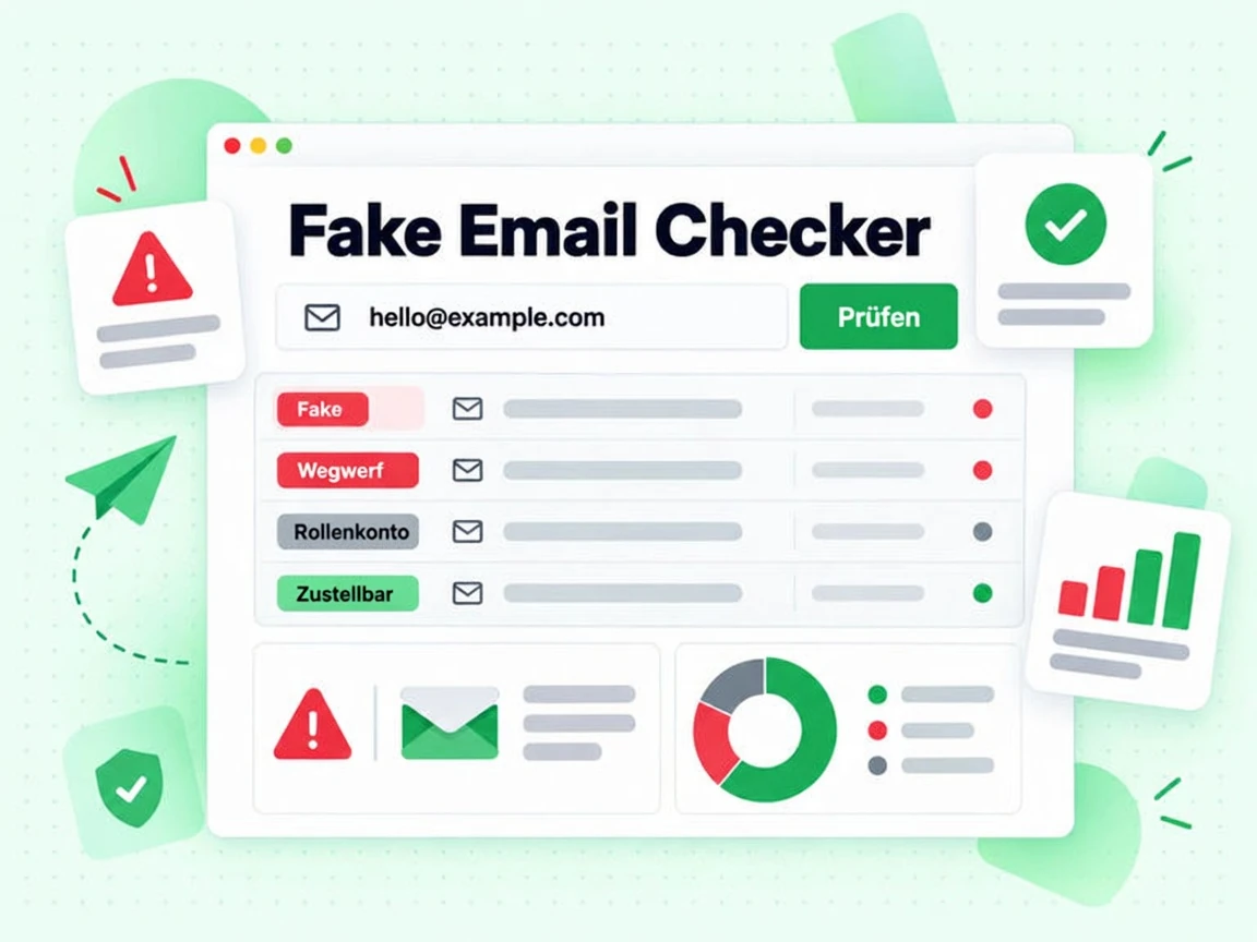Fake Email Checker mit hello@example.com-Feld und roten Zeilen Wegwerf, grauem Rollenkonto, grünem Zustellbar