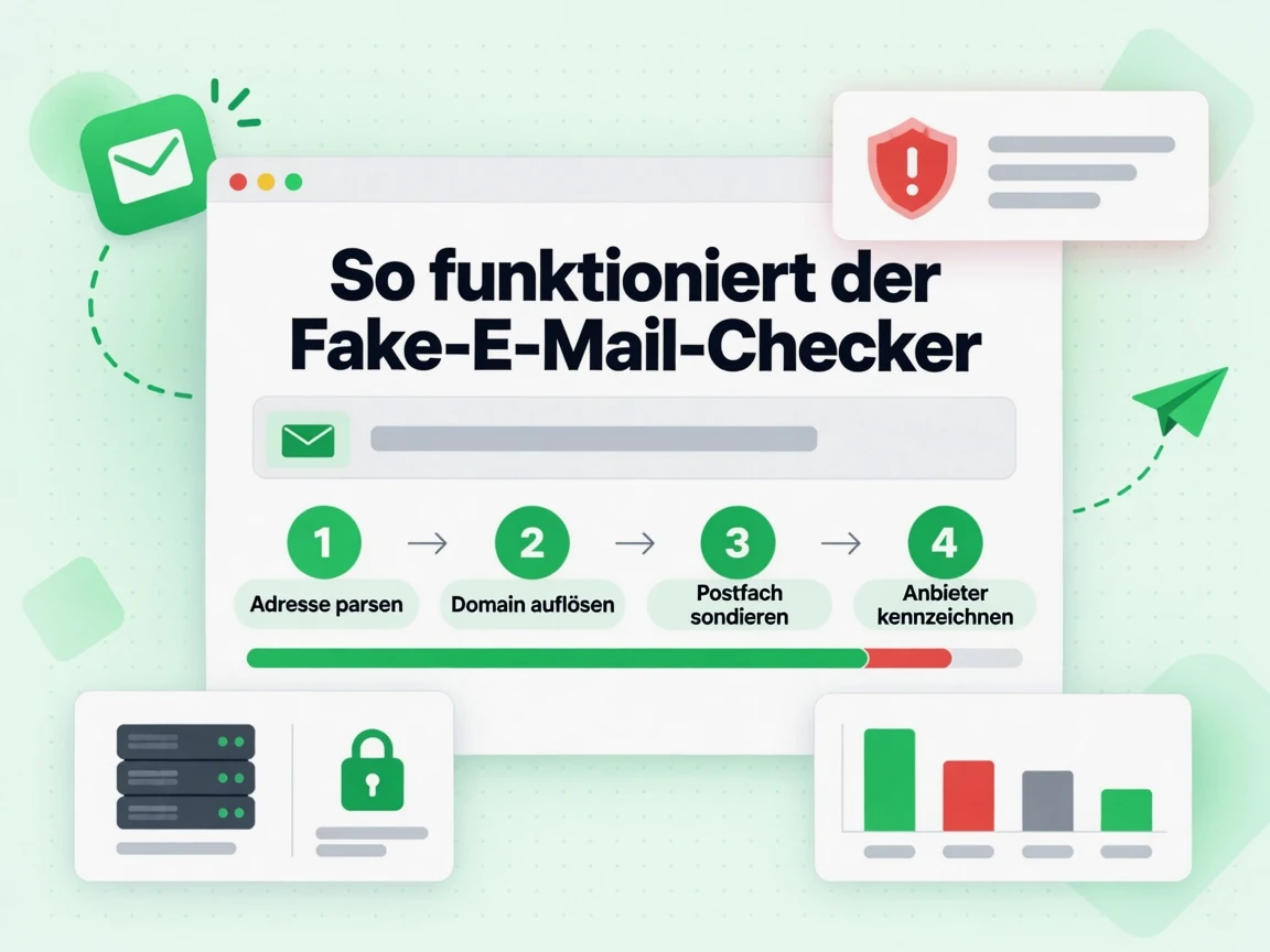 So funktioniert der Fake-E-Mail-Checker: vier Schritte bis zur Kennzeichnung von Wegwerf-Anbietern