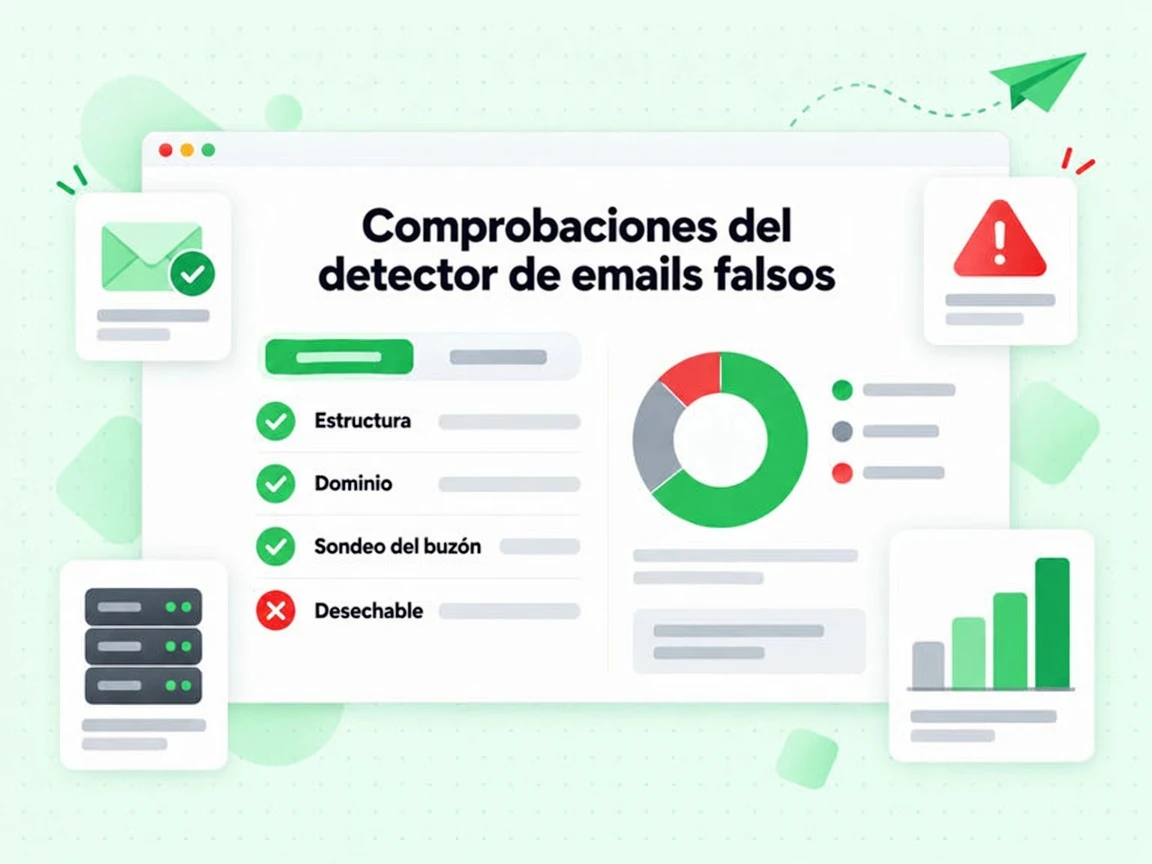 Comprobaciones del detector de emails falsos: Estructura, Dominio, Sondeo del buzón y la marca roja Desechable