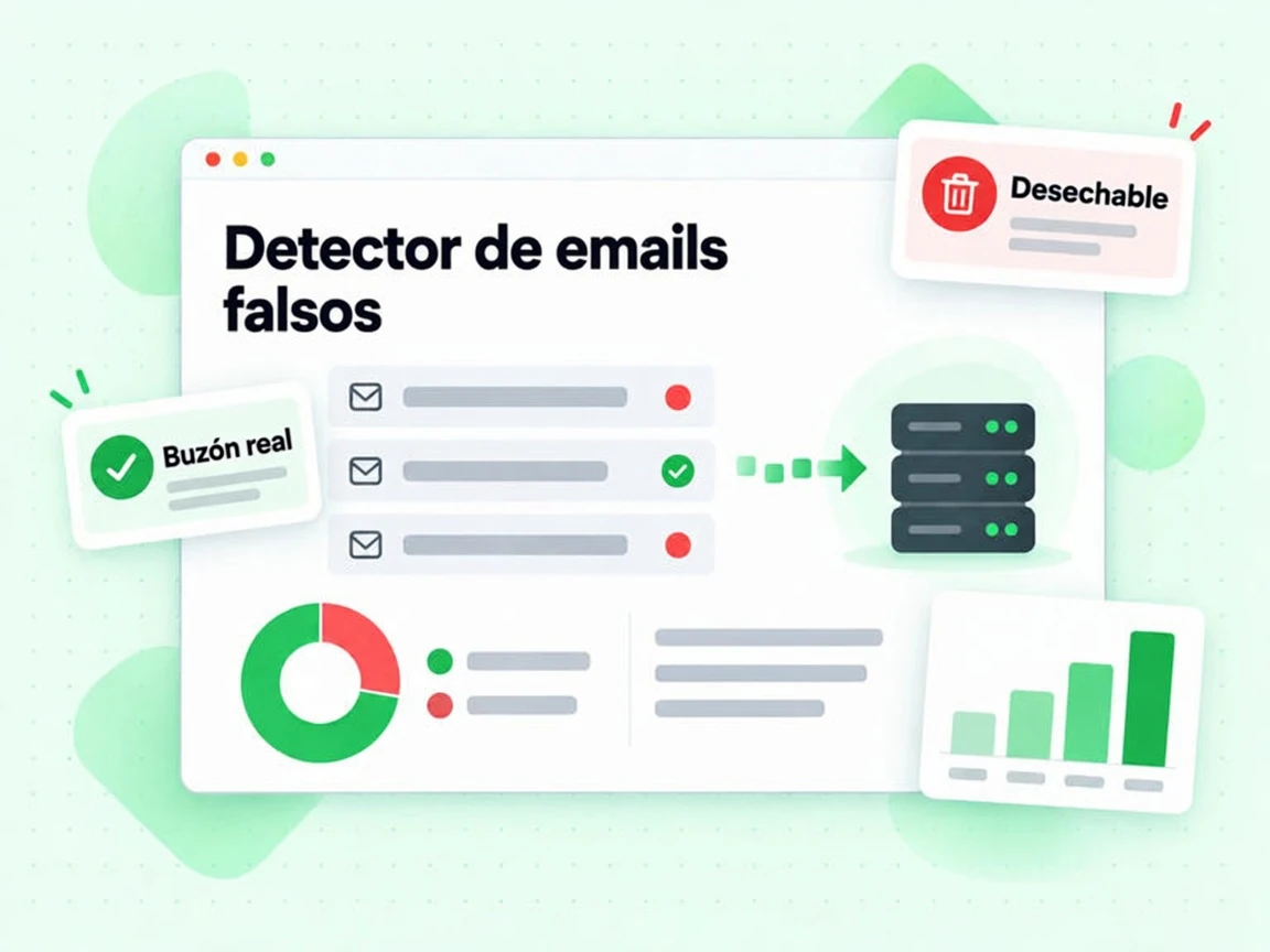 Detector de emails falsos analiza tres direcciones y marca en rojo las Desechables junto a un Buzón real