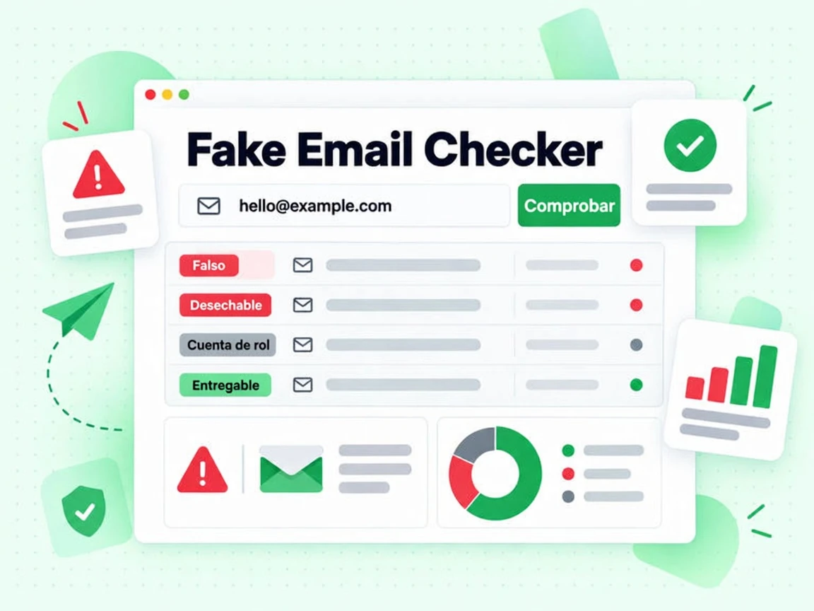 Fake Email Checker con campo de correo y filas rojas Falso y Desechable junto a una fila gris Cuenta de rol