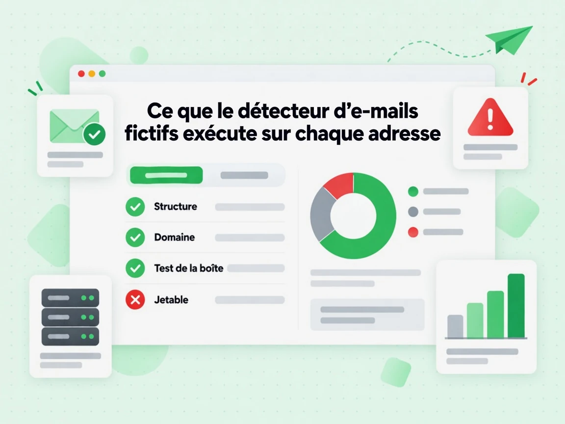 Ce que le détecteur d'e-mails fictifs exécute sur chaque adresse : interface avec Structure, Domaine, Test de la boîte