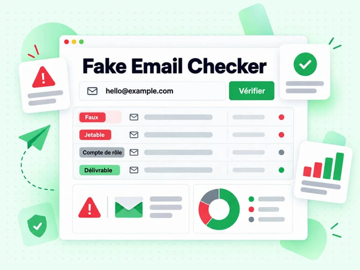Fake Email Checker : interface avec Vérifier, Faux, Jetable, Compte de rôle, Délivrable