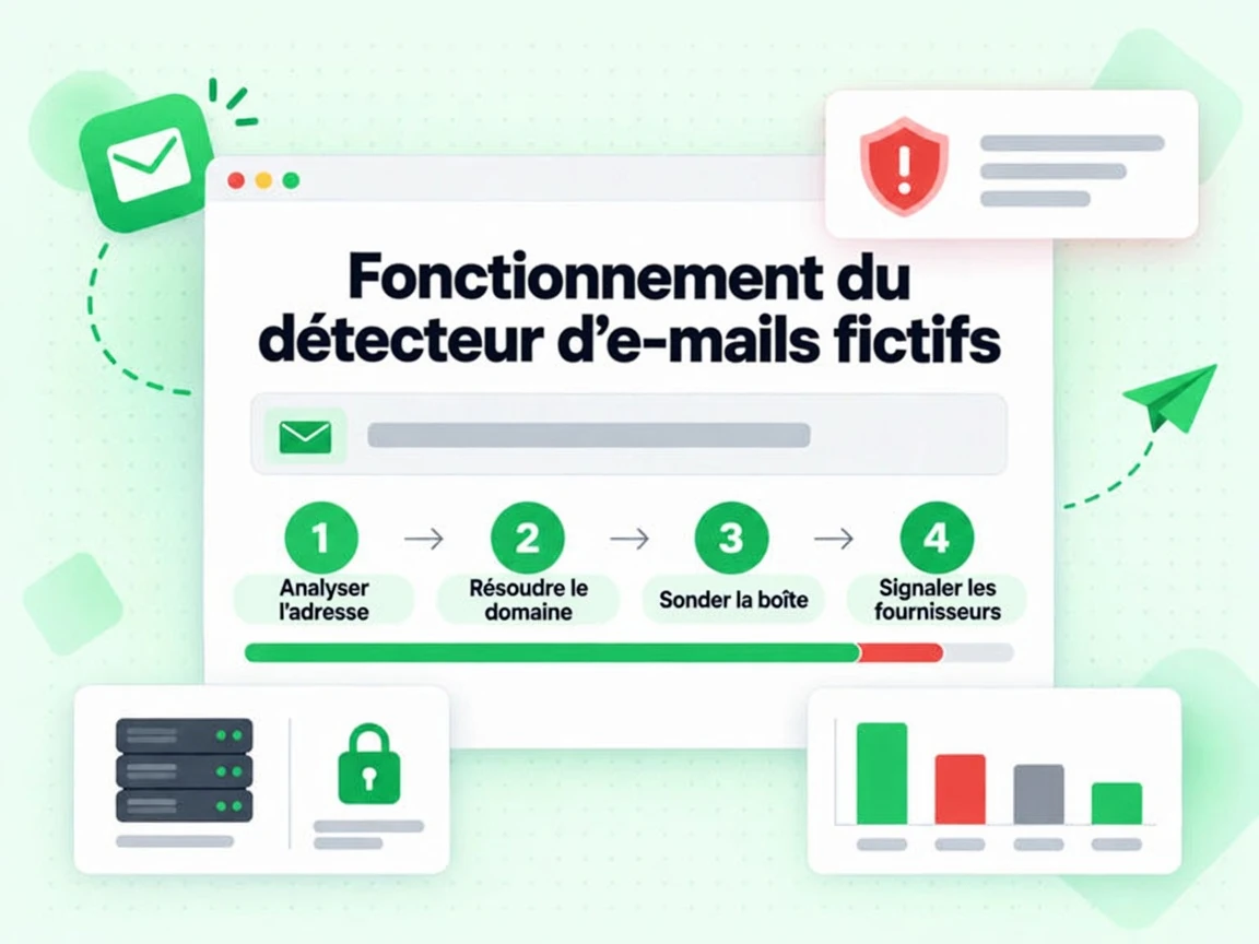 Fonctionnement du détecteur d'e-mails fictifs : interface avec Analyser l'adresse, Résoudre le domaine, Sonder la boîte