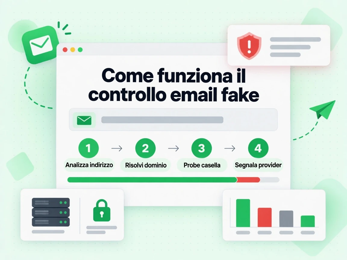 Come funziona il controllo email fake: quattro passaggi che terminano nel segnalare i provider throwaway
