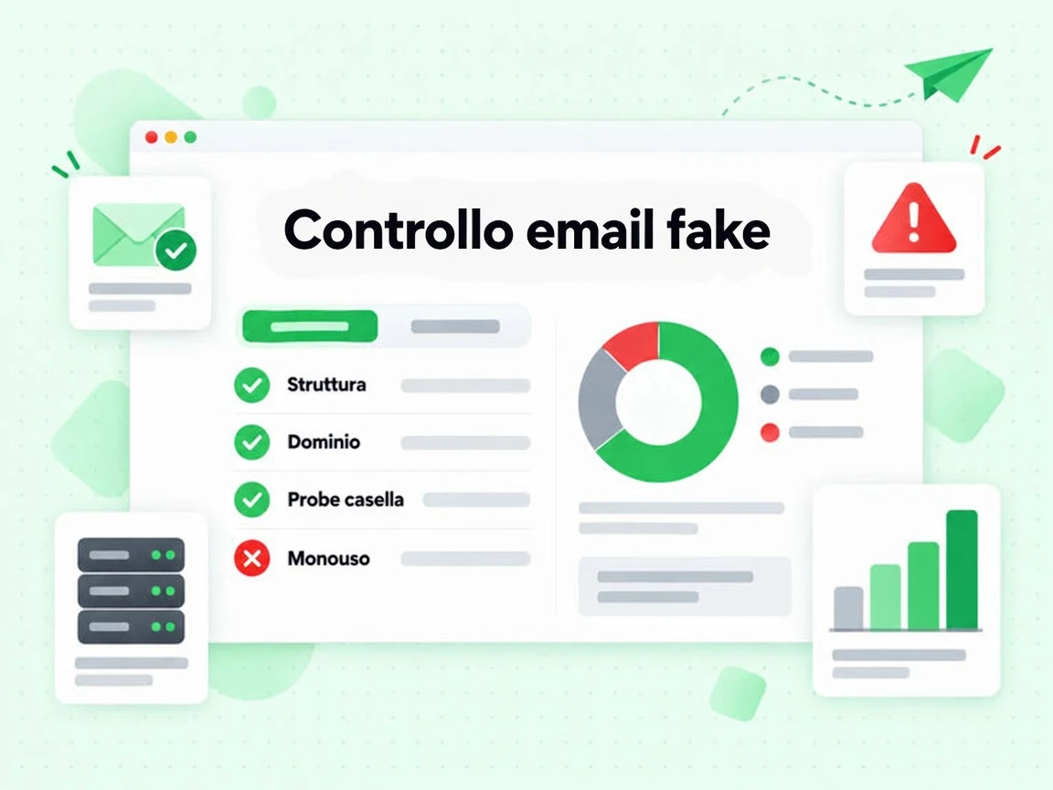 Controllo email fake: su ogni indirizzo esegue Struttura, Dominio e Probe casella con flag Monouso