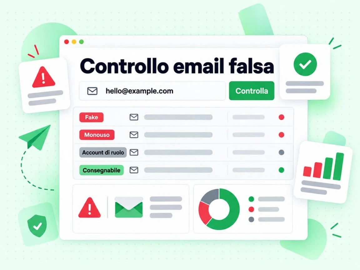 Controllo email falsa: campo con indirizzo falso e risultati rossi Fake e Monouso accanto a un Consegnabile verde
