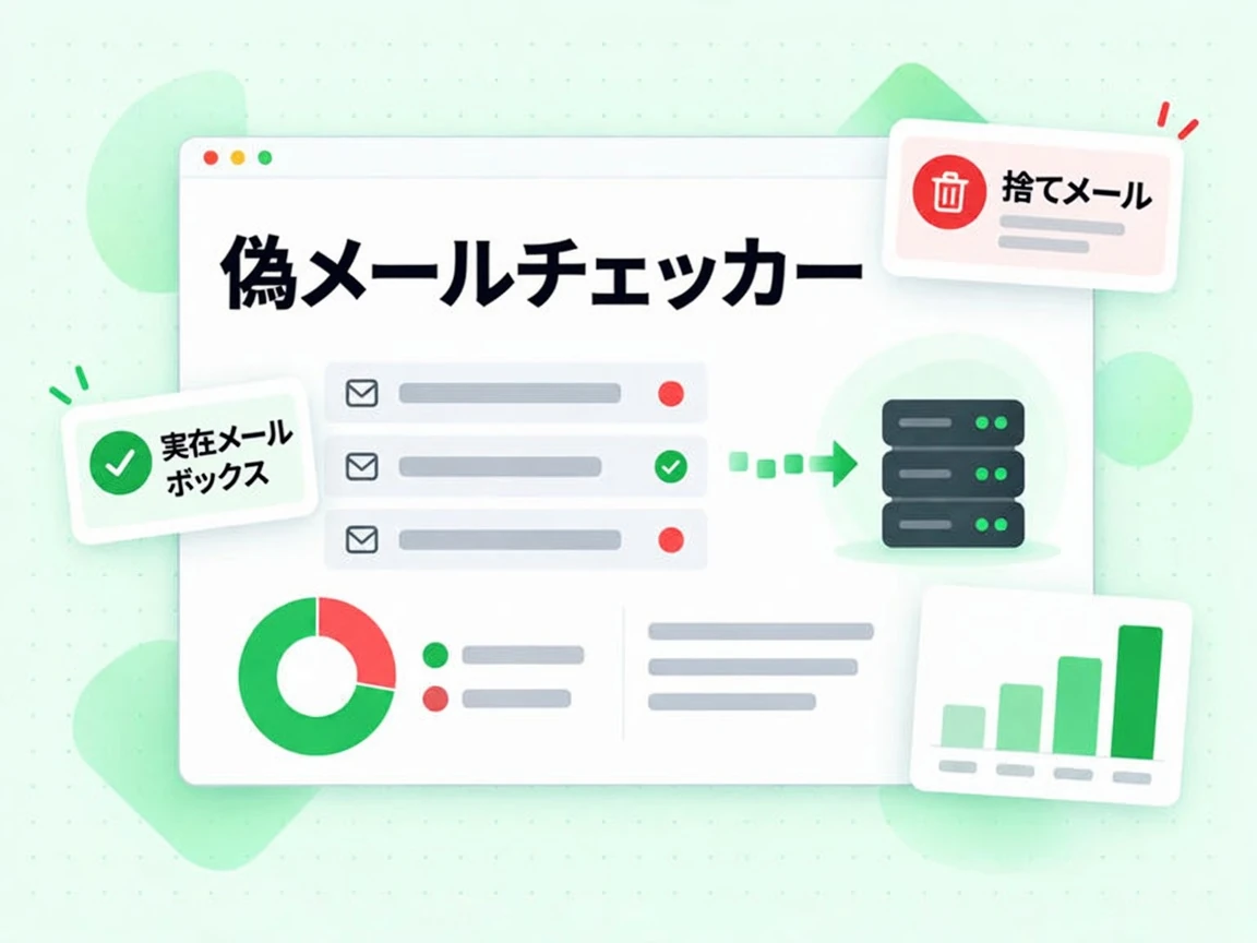 偽メールチェッカーは 3 件のアドレスを調べ、捨てメールを赤く示し、実在メールボックスと区別する