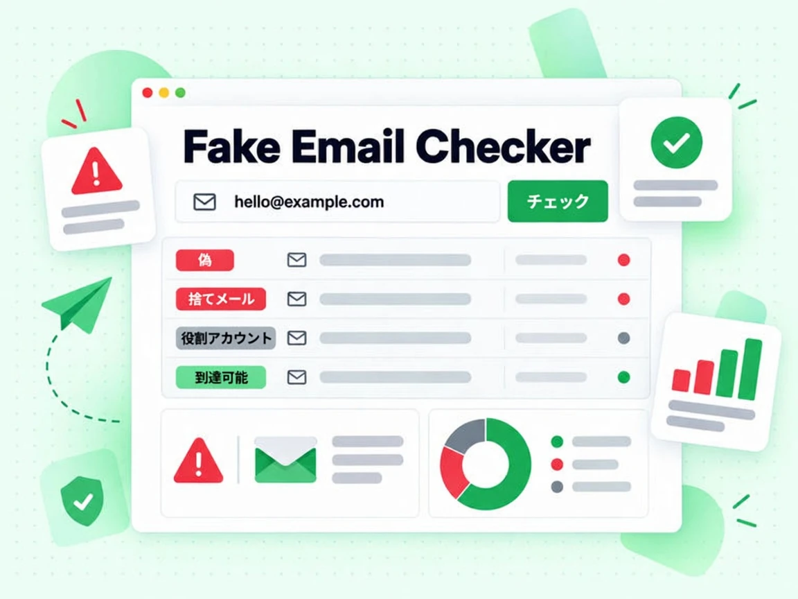 Fake Email Checker にアドレスを入力すると、赤い偽と捨てメール、緑の到達可能の結果が並んで表示される