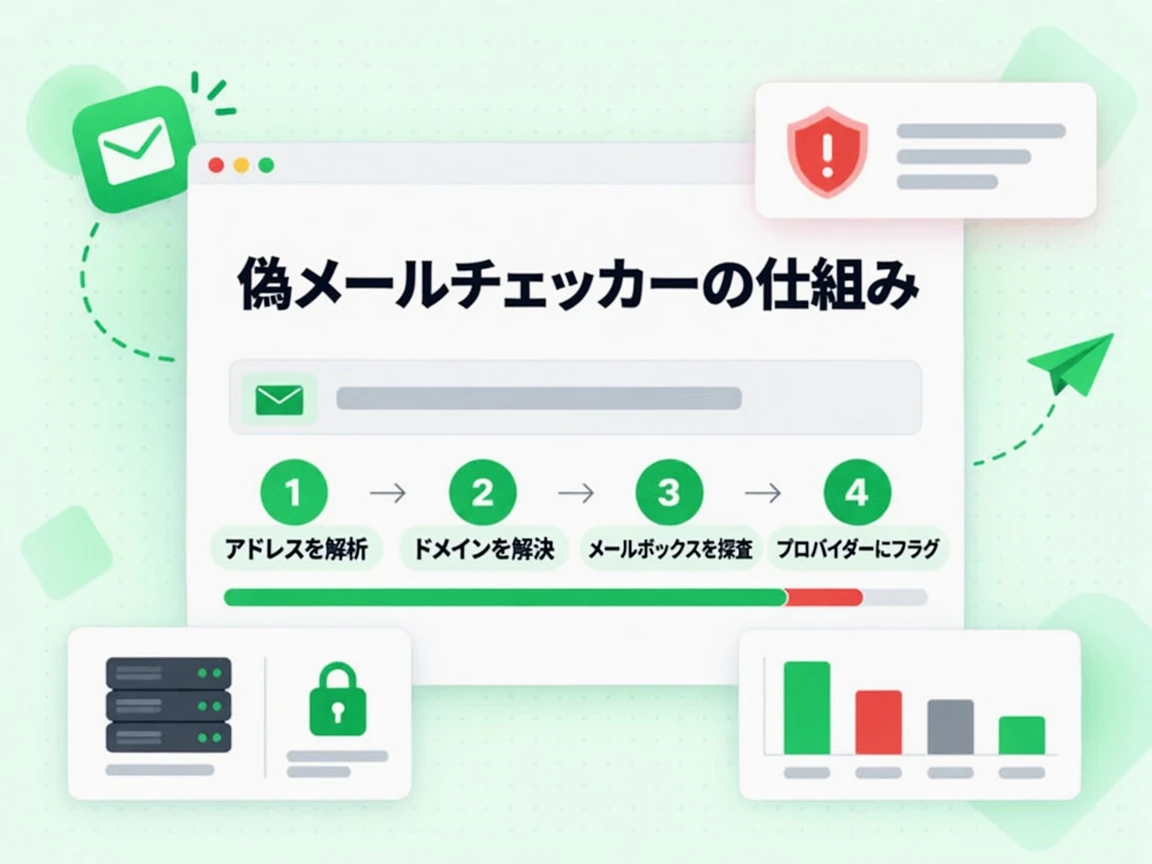 偽メールチェッカーの仕組みはアドレス解析、ドメイン解決、メールボックス探査を経てプロバイダーにフラグを立てる