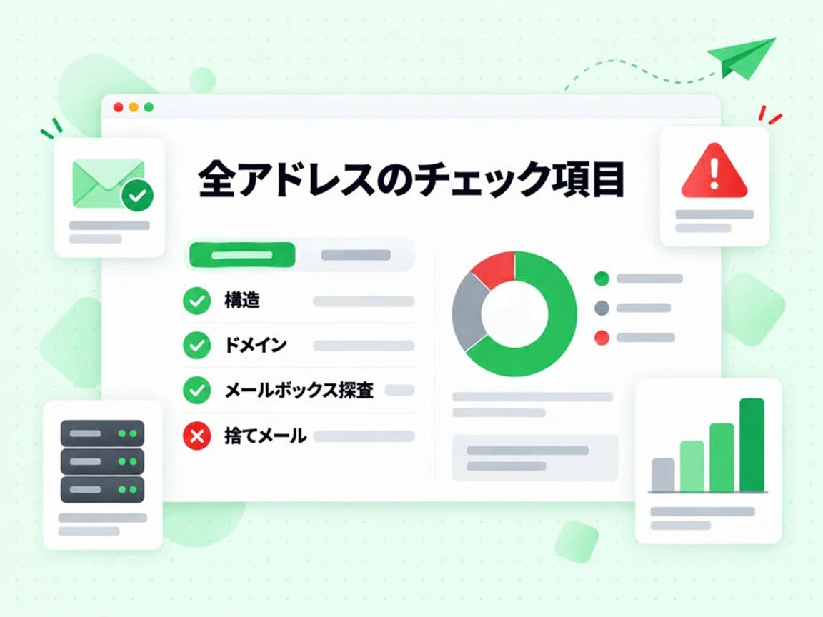 全アドレスのチェック項目は構造、ドメイン、メールボックス探査を経て、赤い捨てメールのフラグを示す