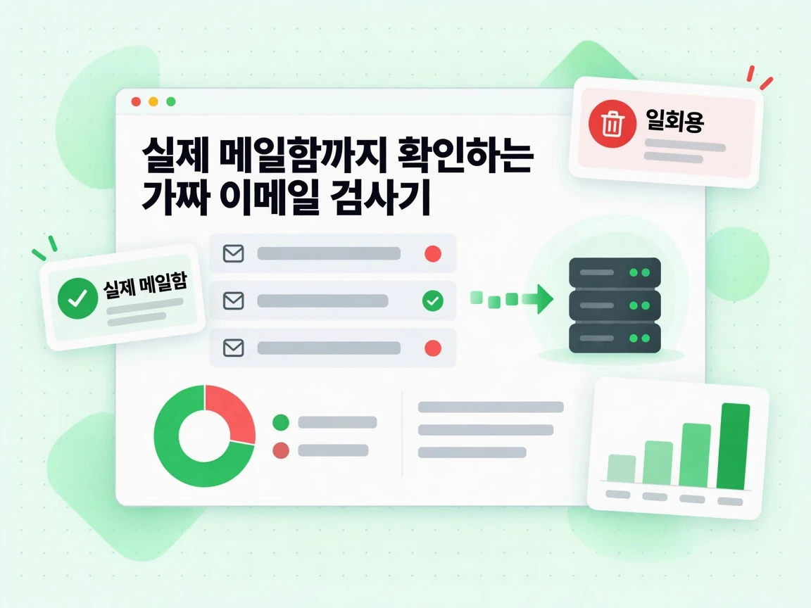 실제 메일함까지 확인하는 가짜 이메일 검사기가 세 주소를 조회해 일회용 주소 하나를 빨간색으로 표시합니다