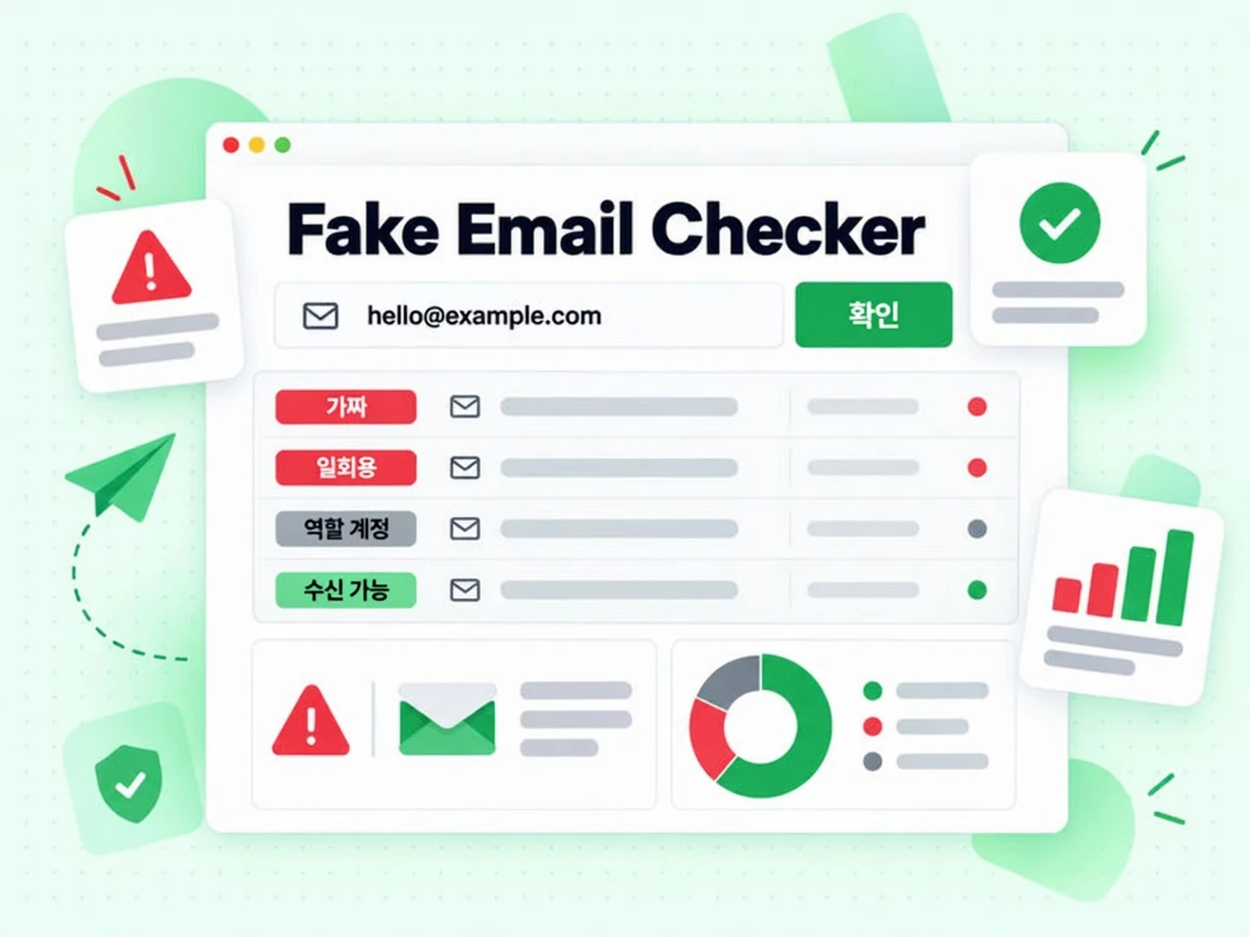 가짜 주소 입력란, 빨간 Fake, Throwaway 결과, 초록 Deliverable이 있는 Fake Email Checker