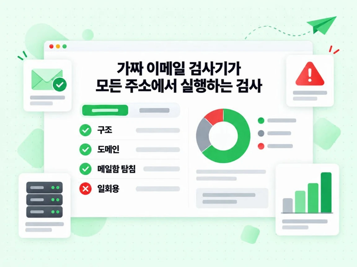 가짜 이메일 검사기가 모든 주소에서 실행하는 검사로 Structure, Domain, Mailbox probe, 빨간 Throwaway 플래그를 확인한다