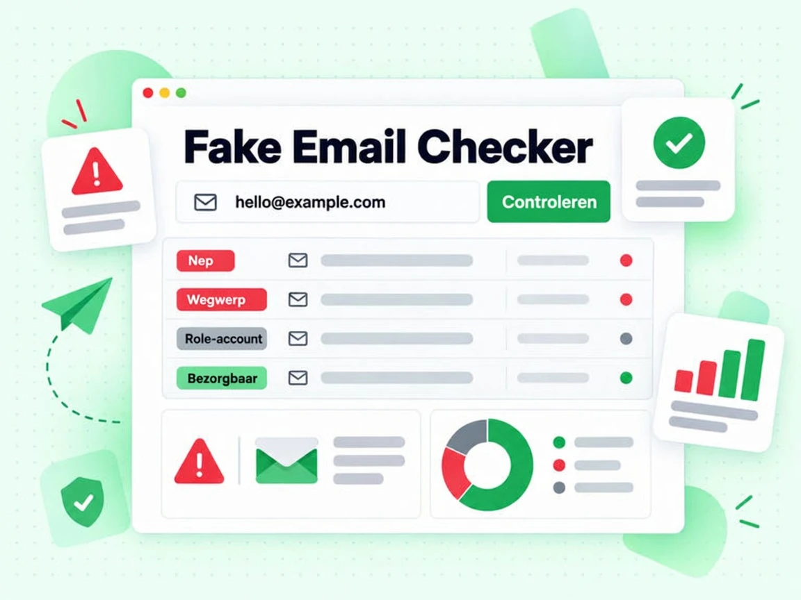 Fake Email Checker formulier met een nep-adresinvoer en rode resultaten Nep en Wegwerp naast een groen Bezorgbaar