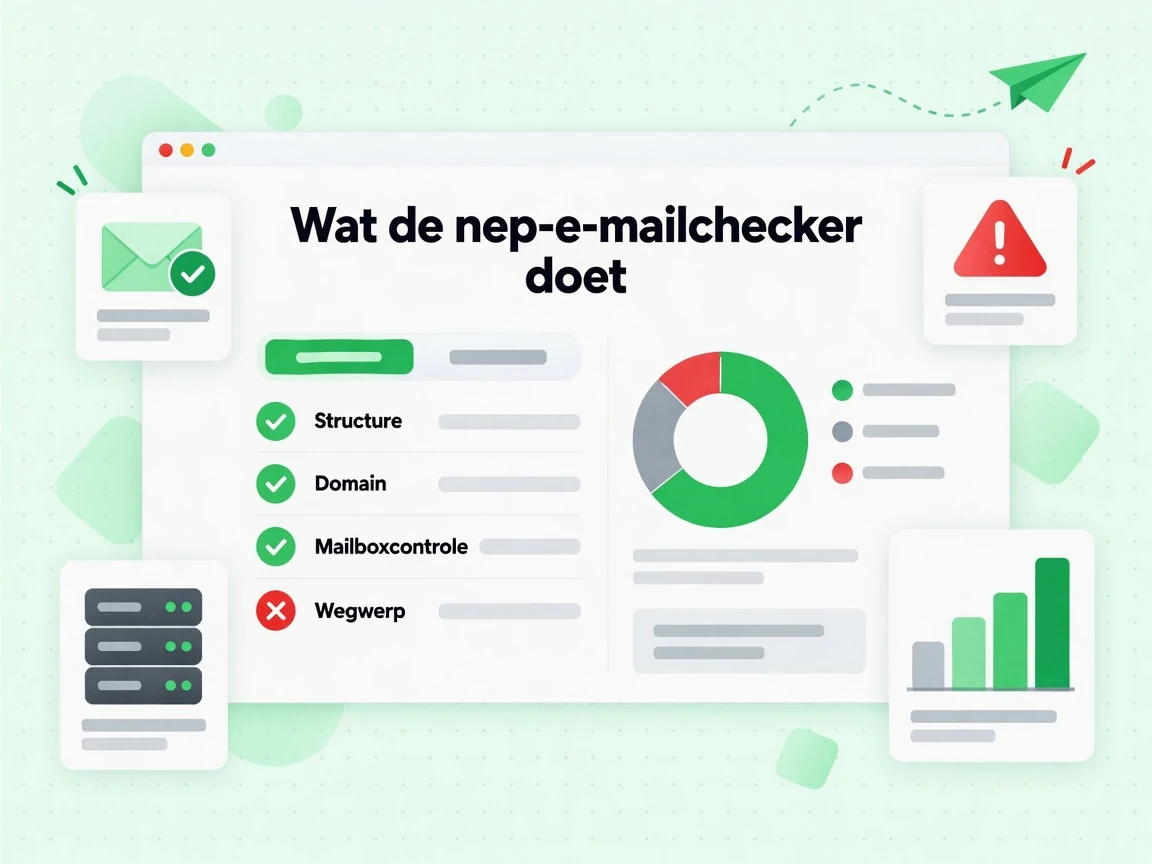 Wat de nep-e-mailchecker doet met Structuur, Domein, Mailboxcontrole en een rode wegwerp-markering