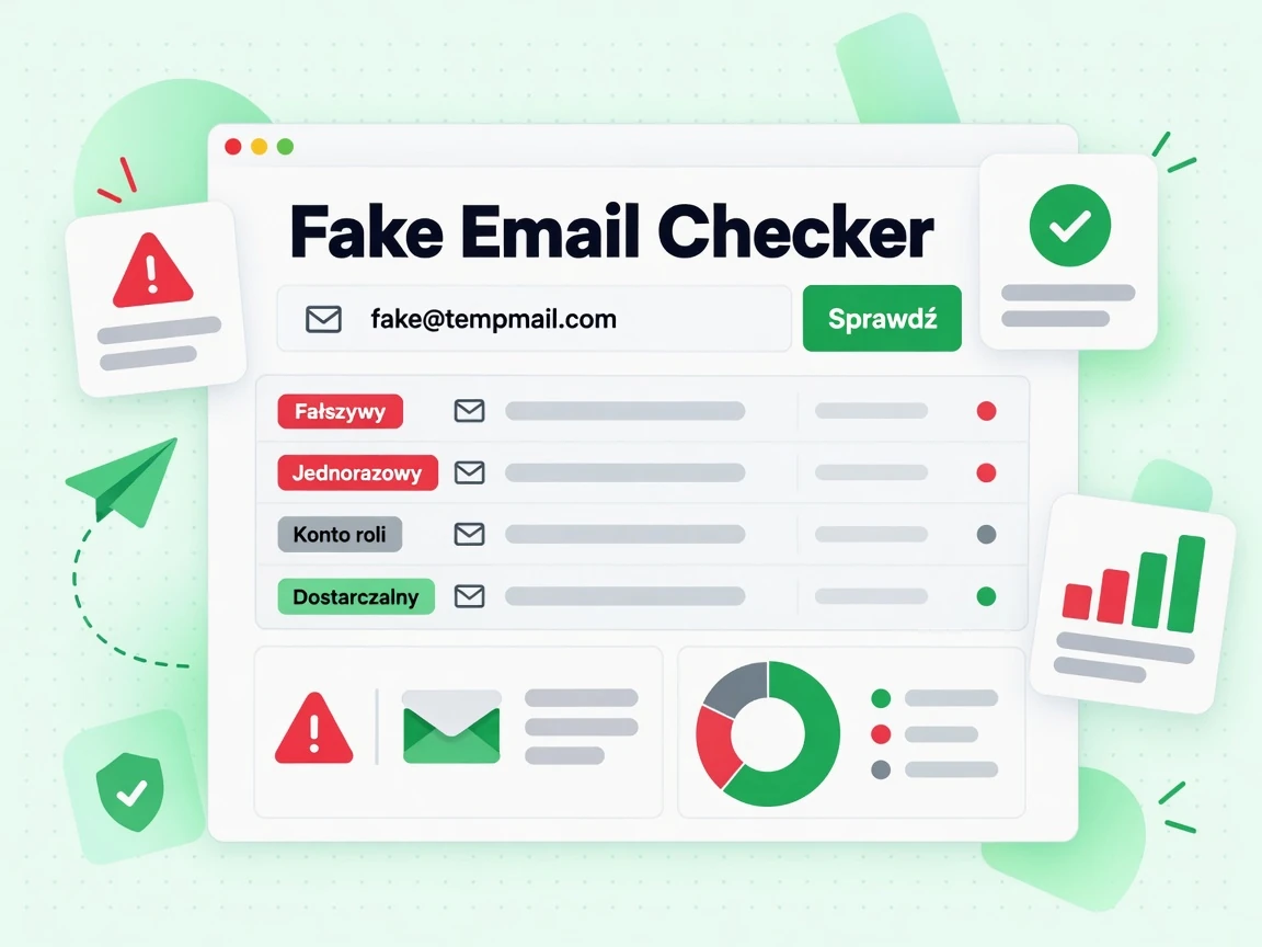 Fake Email Checker: pole e-mail, czerwony Fałszywy i Jednorazowy obok zielonego Dostarczalny