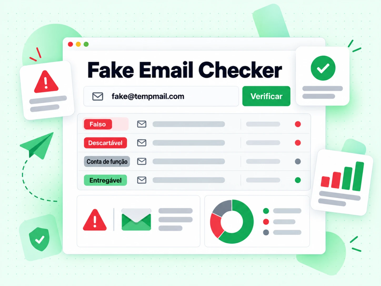 Fake Email Checker com linhas Falso e Descartável em vermelho e Entregável em verde