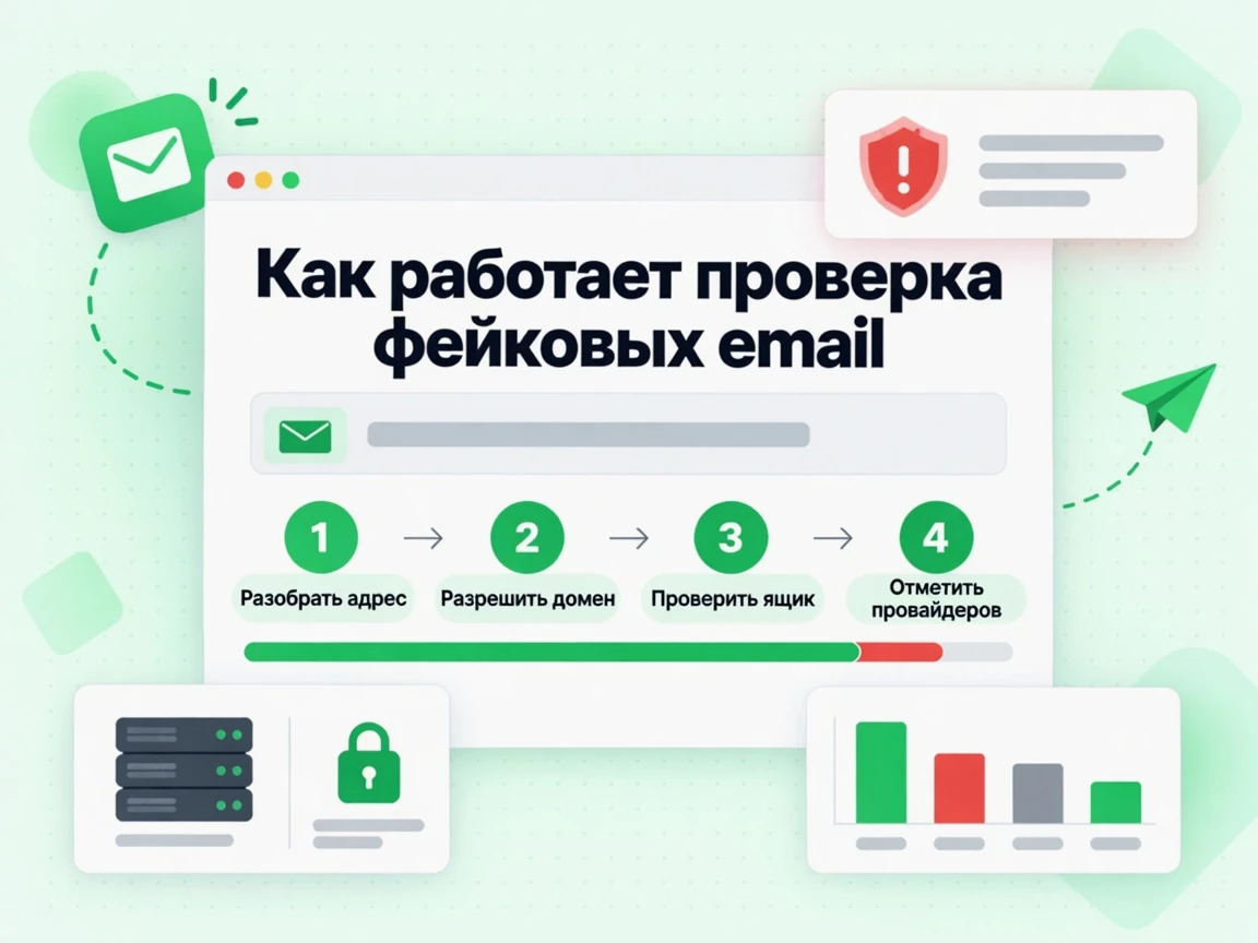 Как работает проверка фейковых email: четыре шага с пометкой провайдеров одноразовых ящиков