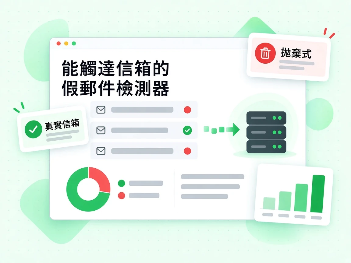 能觸達信箱的假郵件檢測器探測三個地址，以紅色標記拋棄式，並以綠色對照真實信箱。