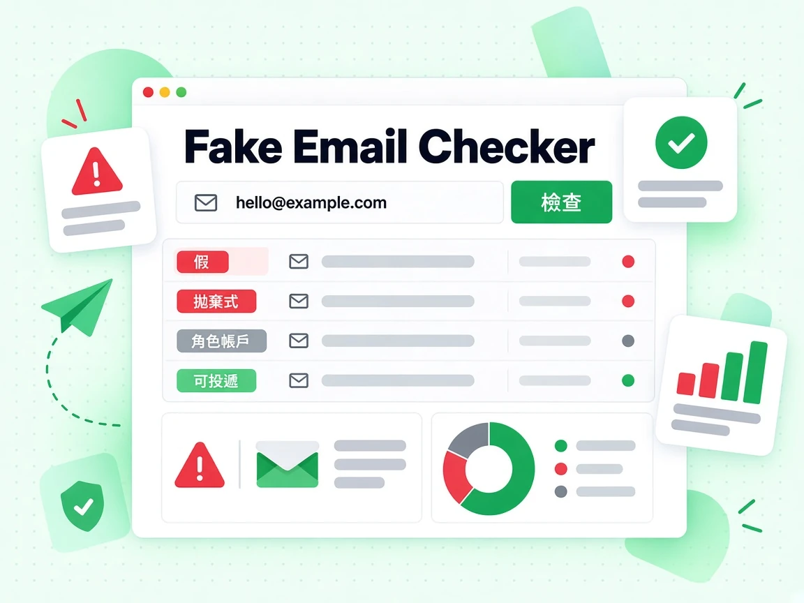 Fake Email Checker 以 hello@example.com 為輸入，以紅色標為假與拋棄式、灰色標為角色帳戶、綠色標為可投遞，並設有檢查按鈕。