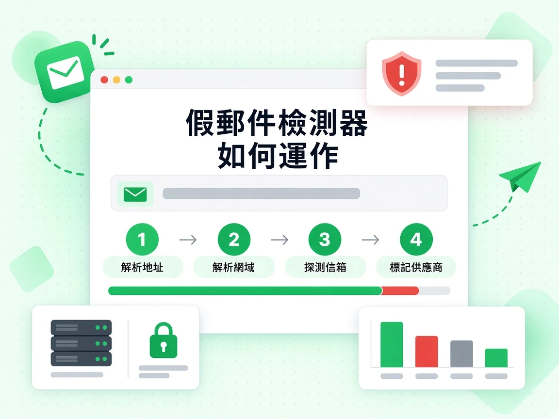 假郵件檢測器如何運作分成四步：解析地址、解析網域、探測信箱，最後標記供應商。