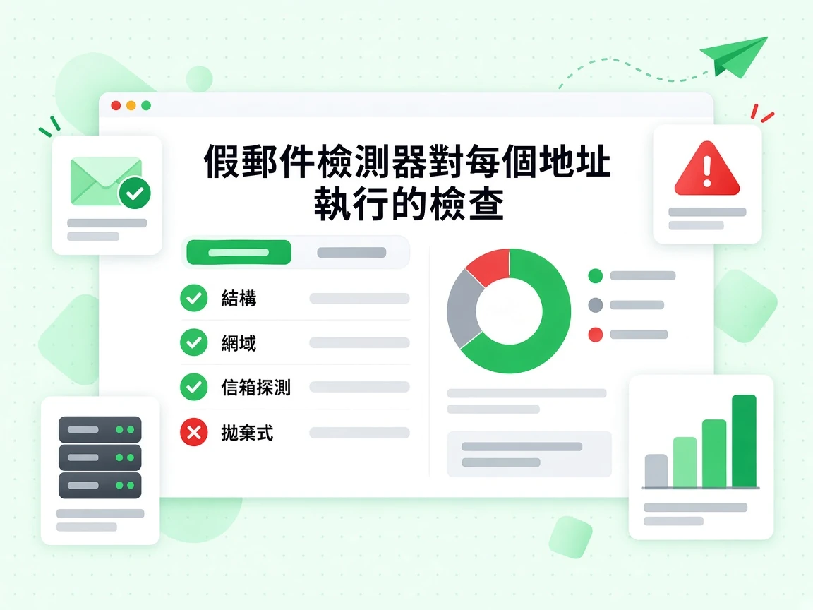 假郵件檢測器對每個地址執行的檢查列出結構、網域與信箱探測，並以紅色標出拋棄式。