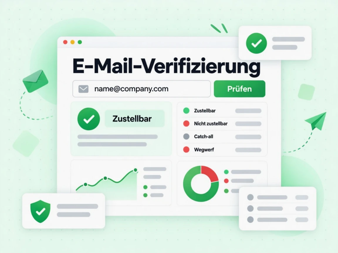 E-Mail-Verifizierung prüft eine Adresse und zeigt Zustellbar-, Nicht zustellbar- und Wegwerf-Ergebnisse