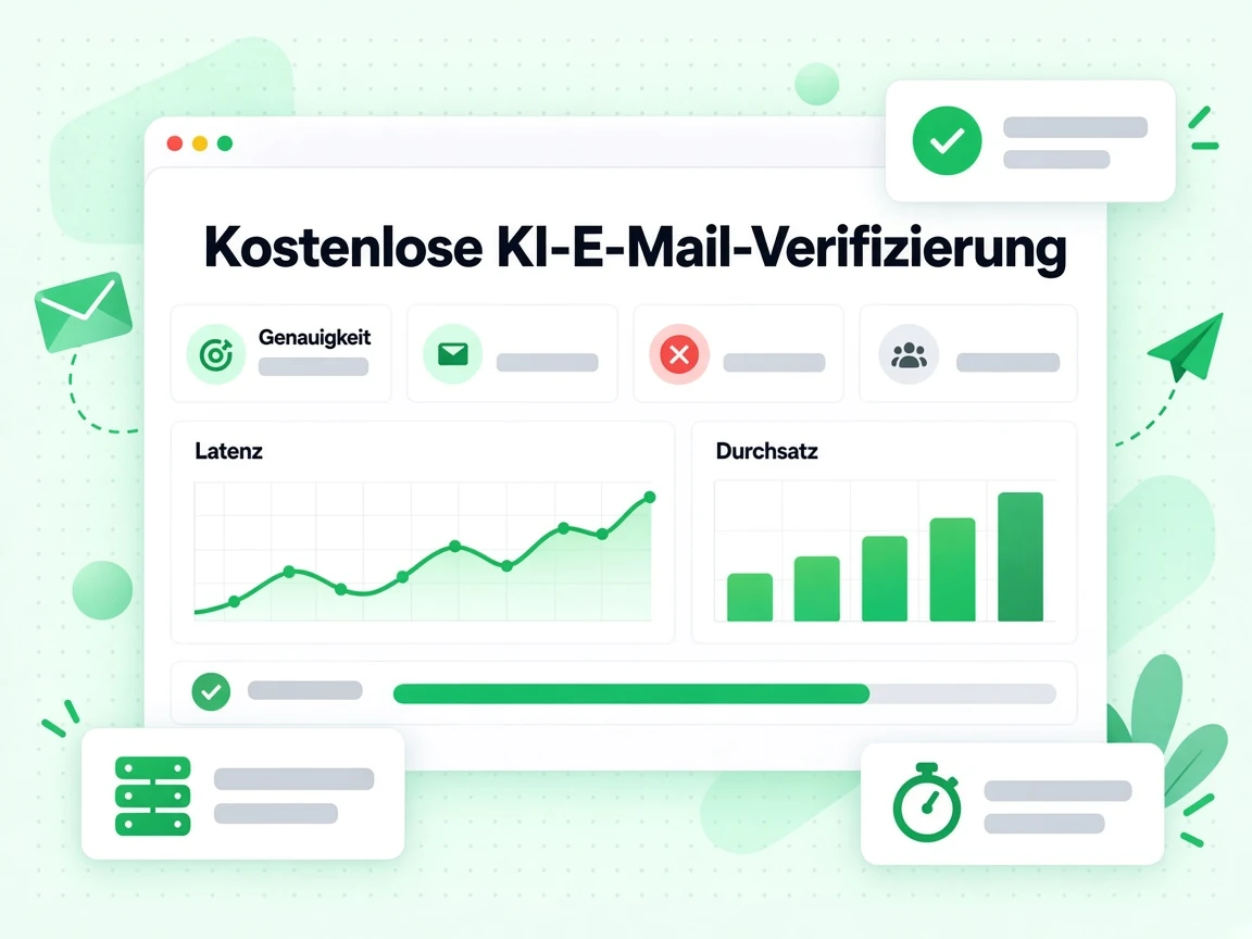 Dashboard zur kostenlosen KI-E-Mail-Verifizierung mit Karten für Genauigkeit, Latenz und Durchsatz