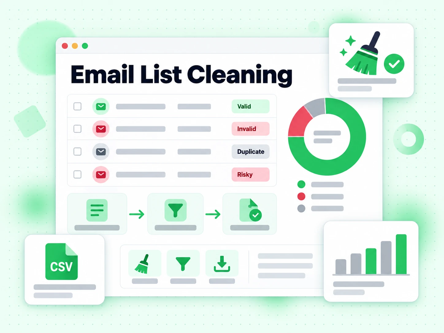 Email List Cleaning table separating valid, invalid, duplicate and risky addresses with a dedupe flow