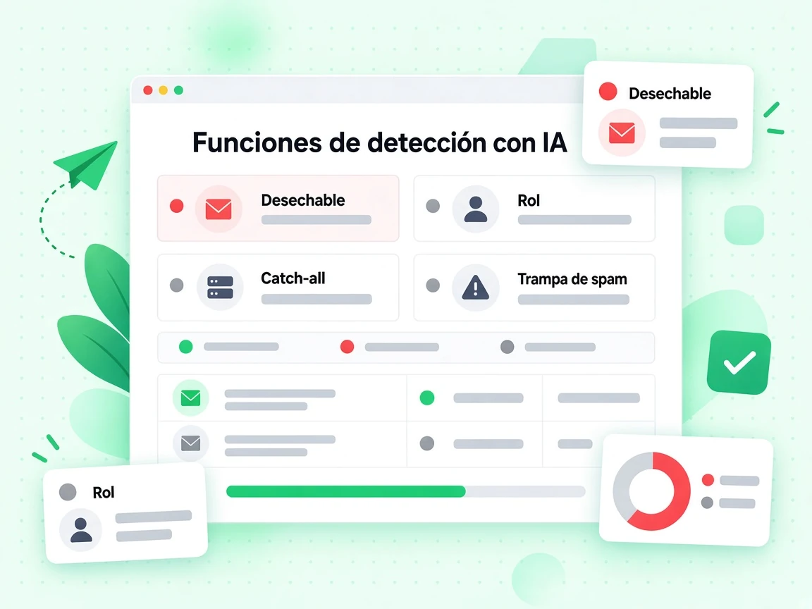 Funciones de detección con IA marcando direcciones Desechable, Rol y Trampa de spam en una cuadrícula