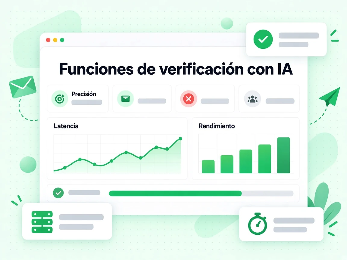 Funciones de verificación con IA en un panel con tarjetas de Precisión, Latencia y Rendimiento