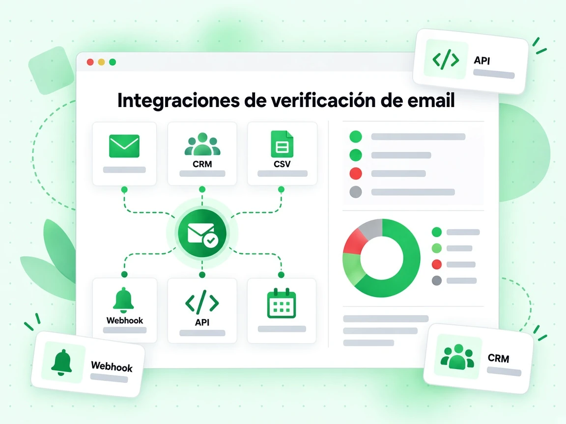 Integraciones de verificación de email conecta una API, un webhook, un CRM y una importación CSV