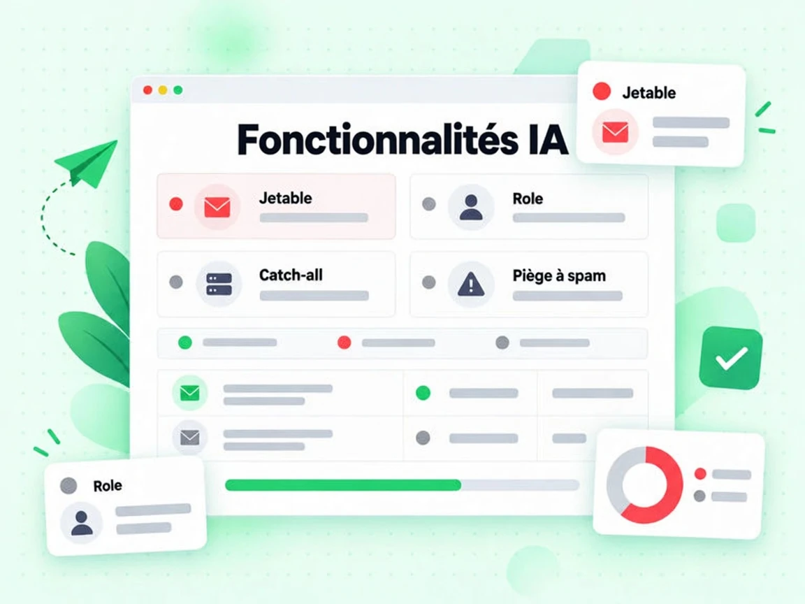 Fonctionnalités IA : interface avec Jetable, Rôle, Catch-all, Piège à spam, Xrc$[0