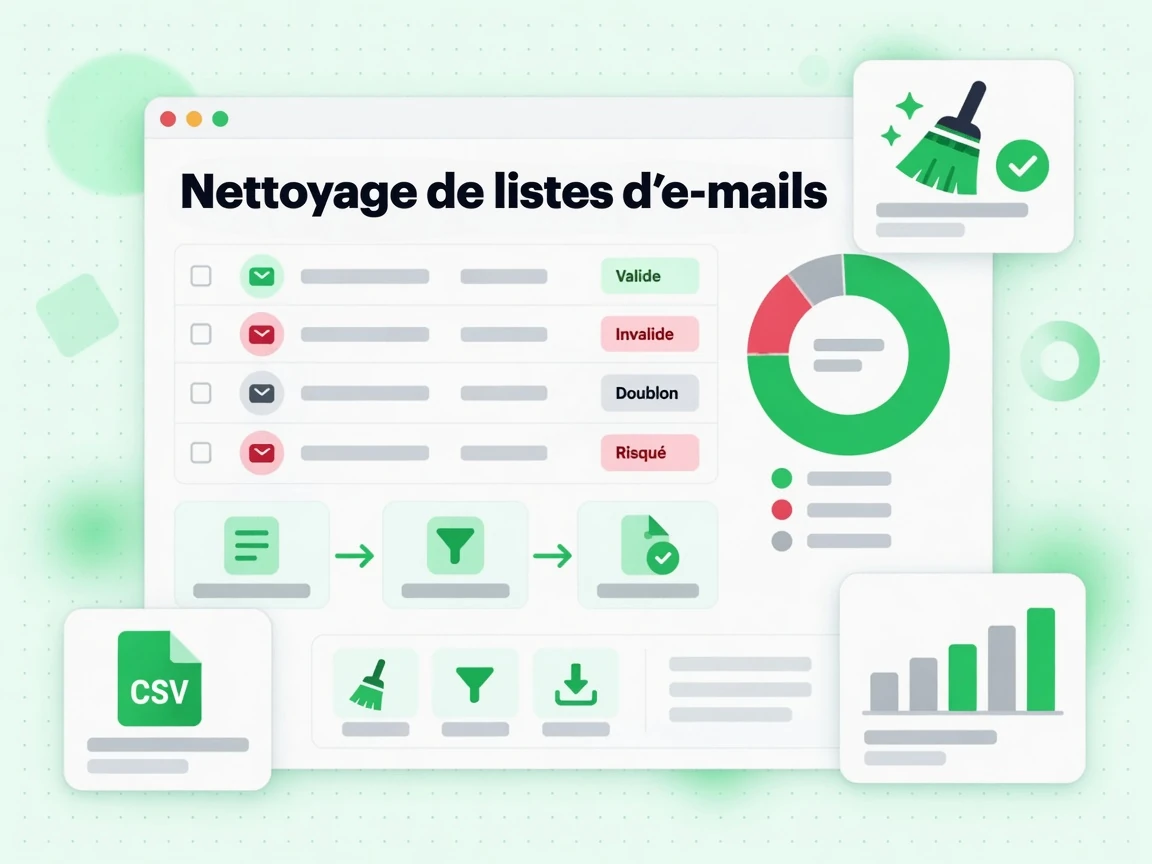 Nettoyage de listes d'e-mails triant les adresses en Valide, Invalide, Doublon et Risqué.
