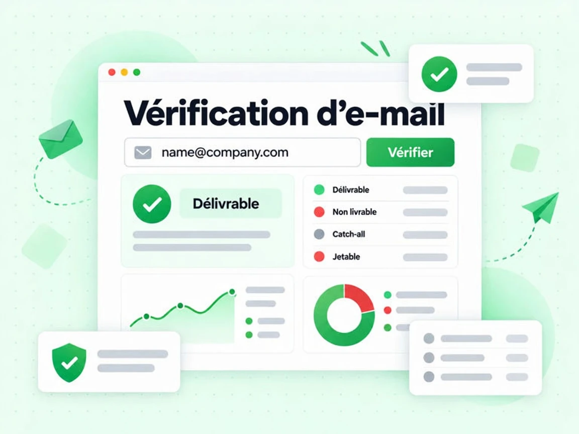 Scène de vérification d'e-mail avec le bouton Vérifier et les résultats Délivrable, Non livrable et Jetable.