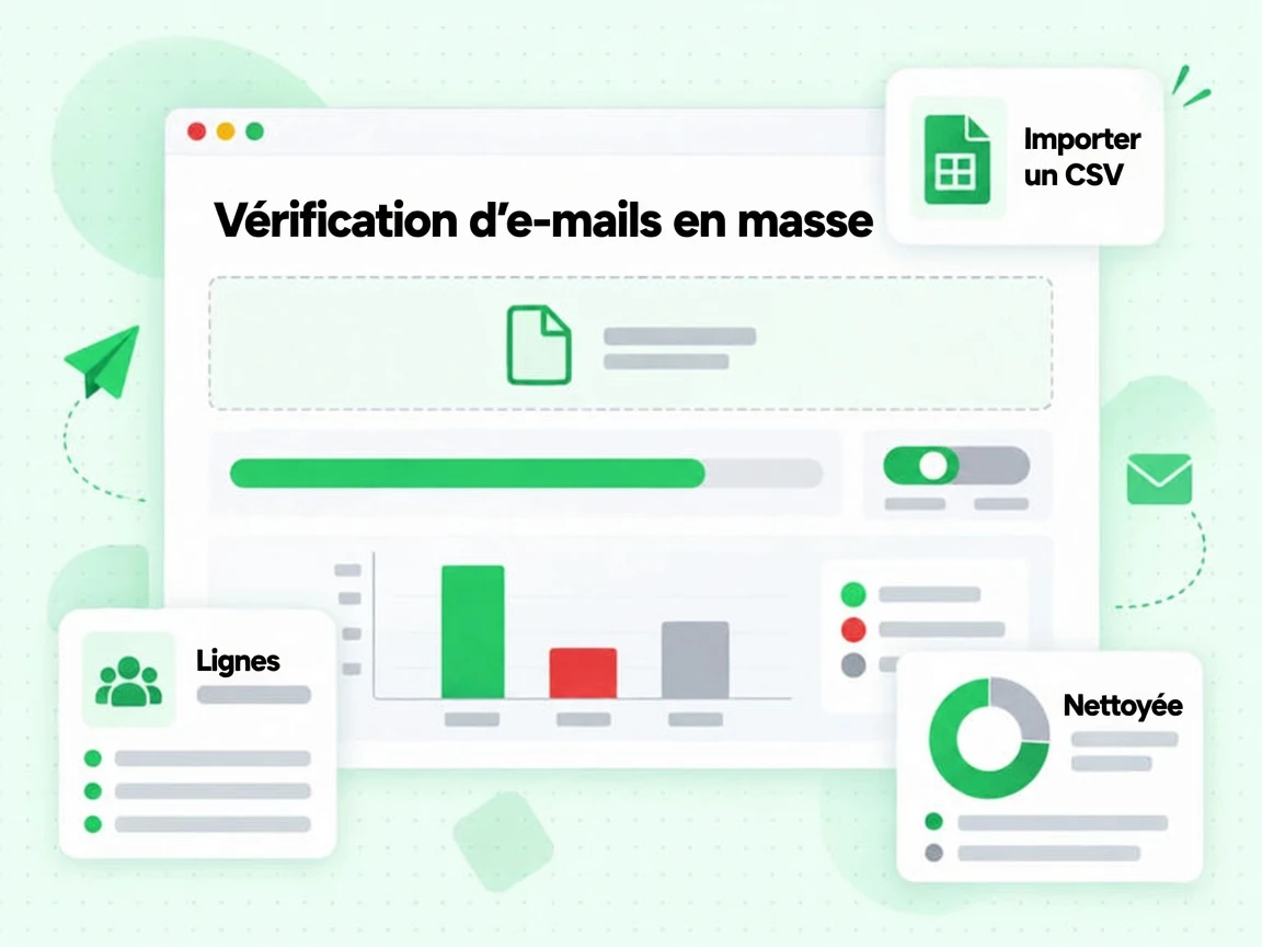 Vérification d'e-mails en masse : import d'un CSV, ses lignes traitées puis une liste Nettoyée.