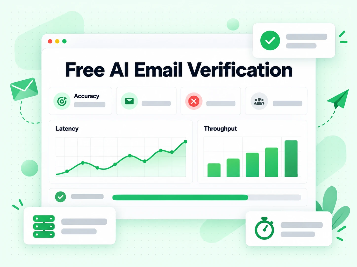 Free AI Email Verification performance dashboard with accuracy, latency and throughput cards