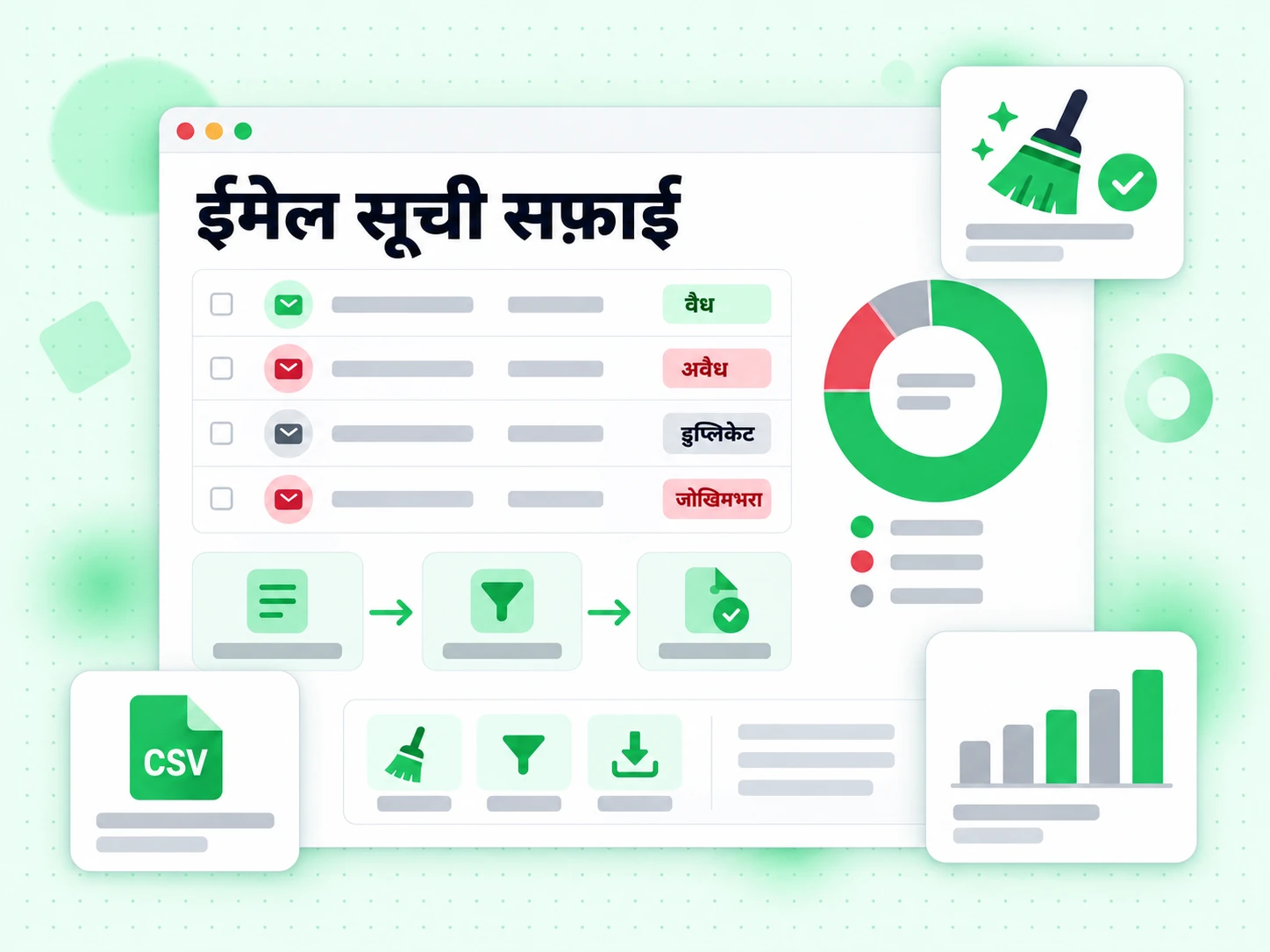 ईमेल सूची सफ़ाई कार्ड वैध, अवैध, डुप्लिकेट और जोखिमभरा पतों को अलग करता है