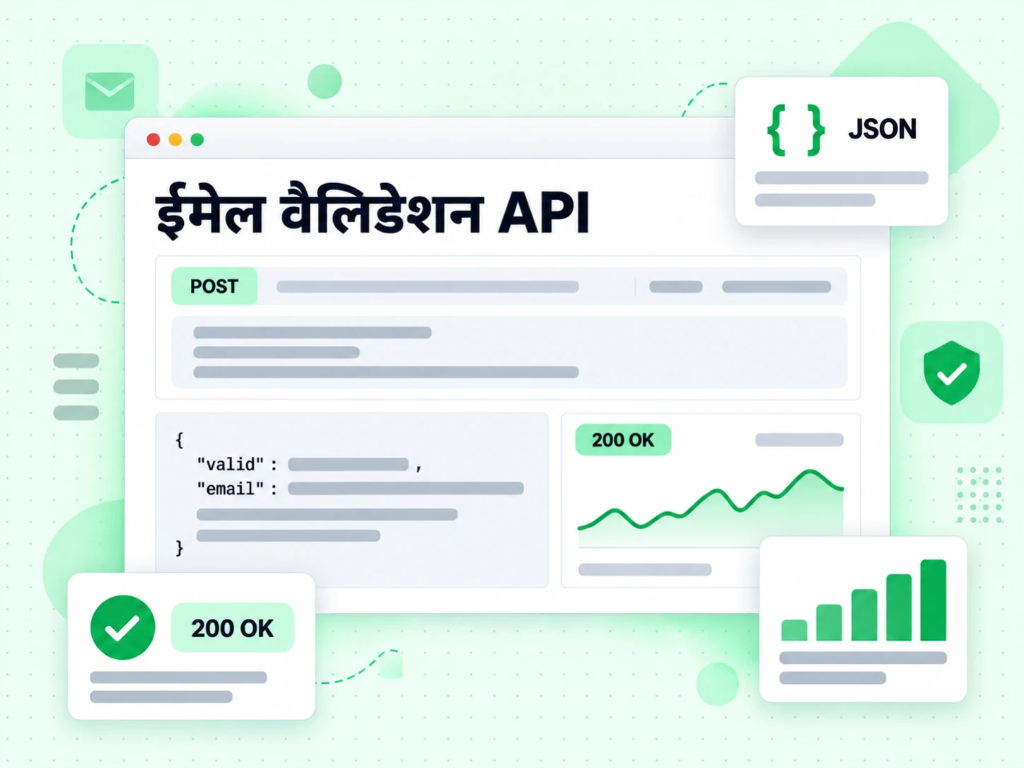 ईमेल वैलिडेशन API कार्ड POST अनुरोध, 200 OK और JSON जवाब दिखाता है
