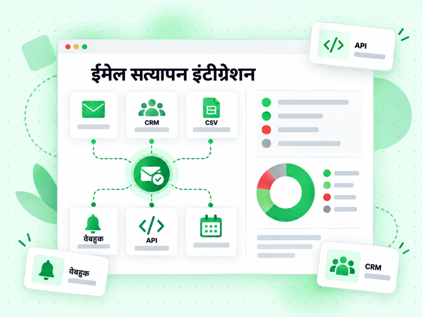 ईमेल सत्यापन इंटीग्रेशन ग्रिड API, वेबहुक, CRM और CSV इम्पोर्ट को जोड़ता है