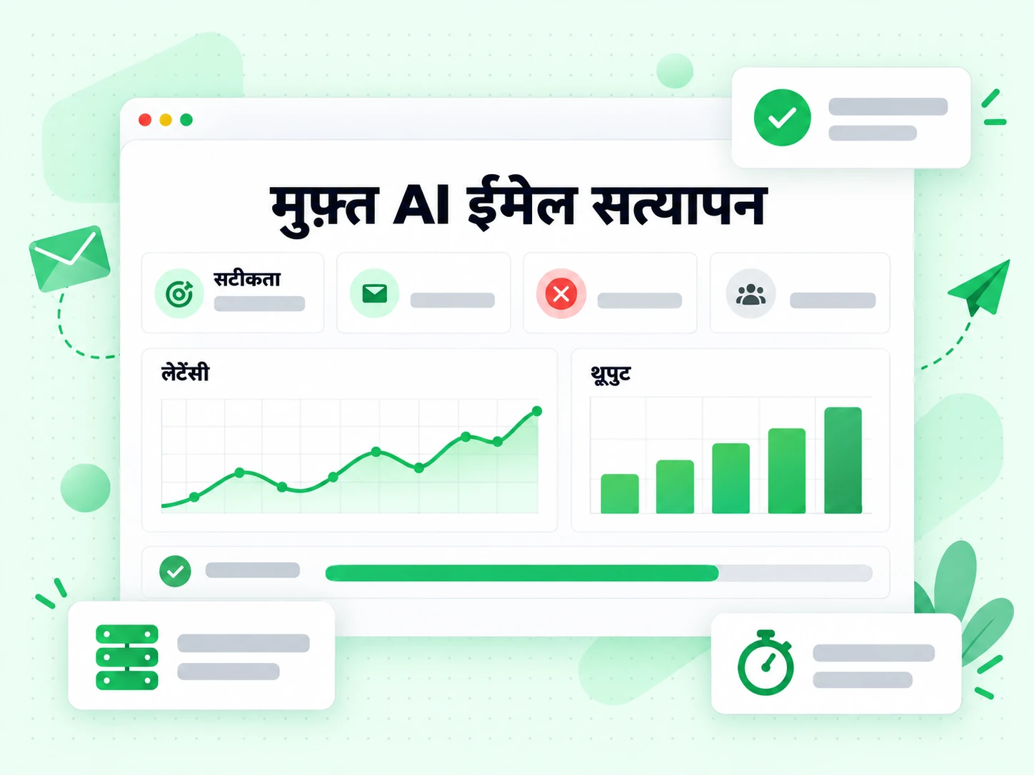 मुफ़्त AI ईमेल सत्यापन प्रदर्शन डैशबोर्ड सटीकता, लेटेंसी और थ्रूपुट कार्ड के साथ