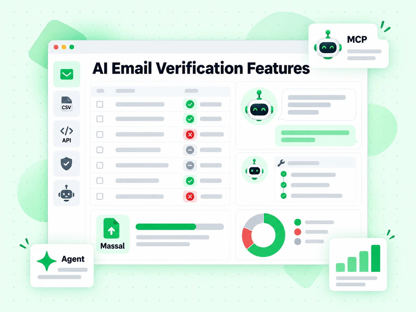 AI Email Verification Features: konsol dengan sidebar fitur, chat agent dan bagan donat hasil