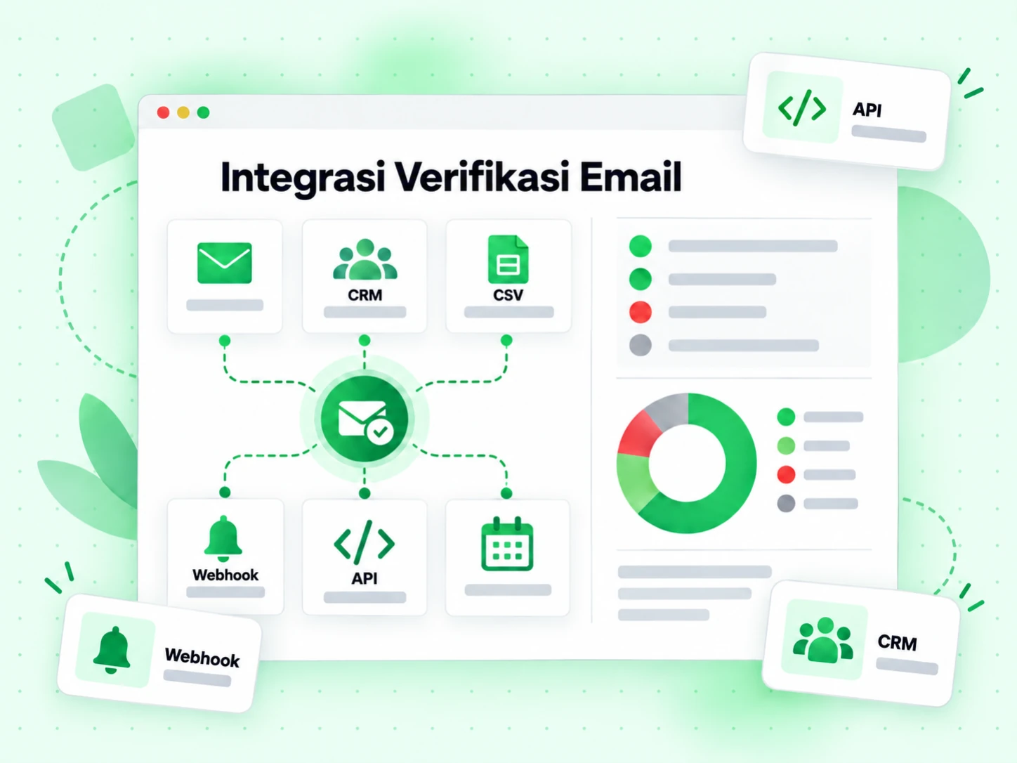 Integrasi Verifikasi Email: kisi menautkan API, webhook, CRM dan impor CSV