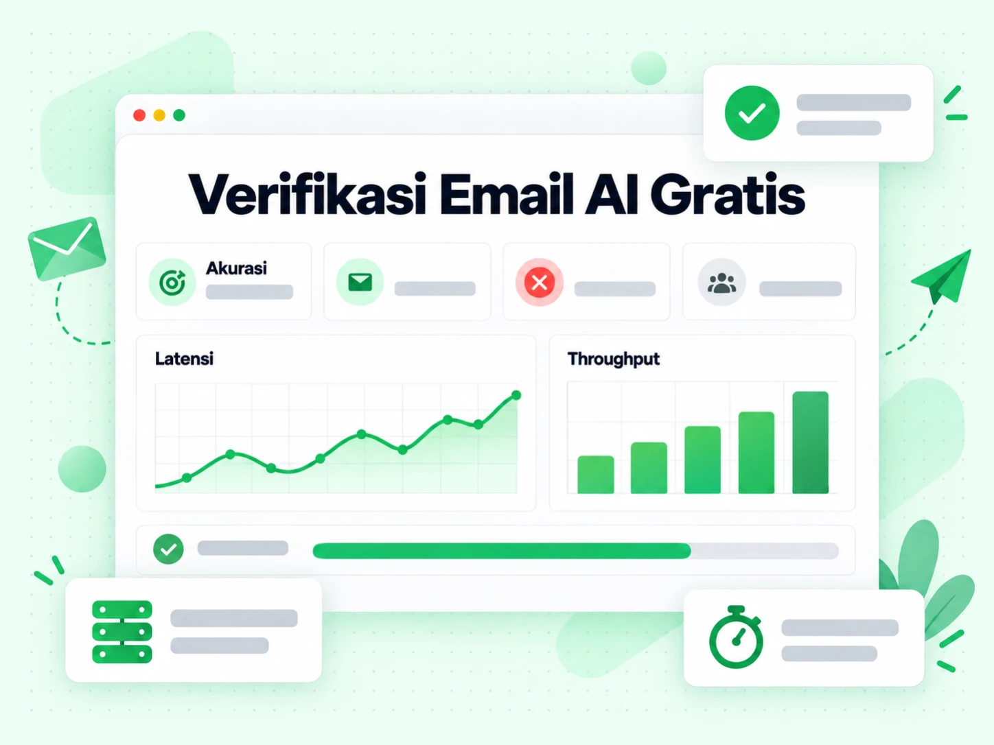 Verifikasi Email AI Gratis: dashboard performa dengan kartu akurasi, latensi dan throughput